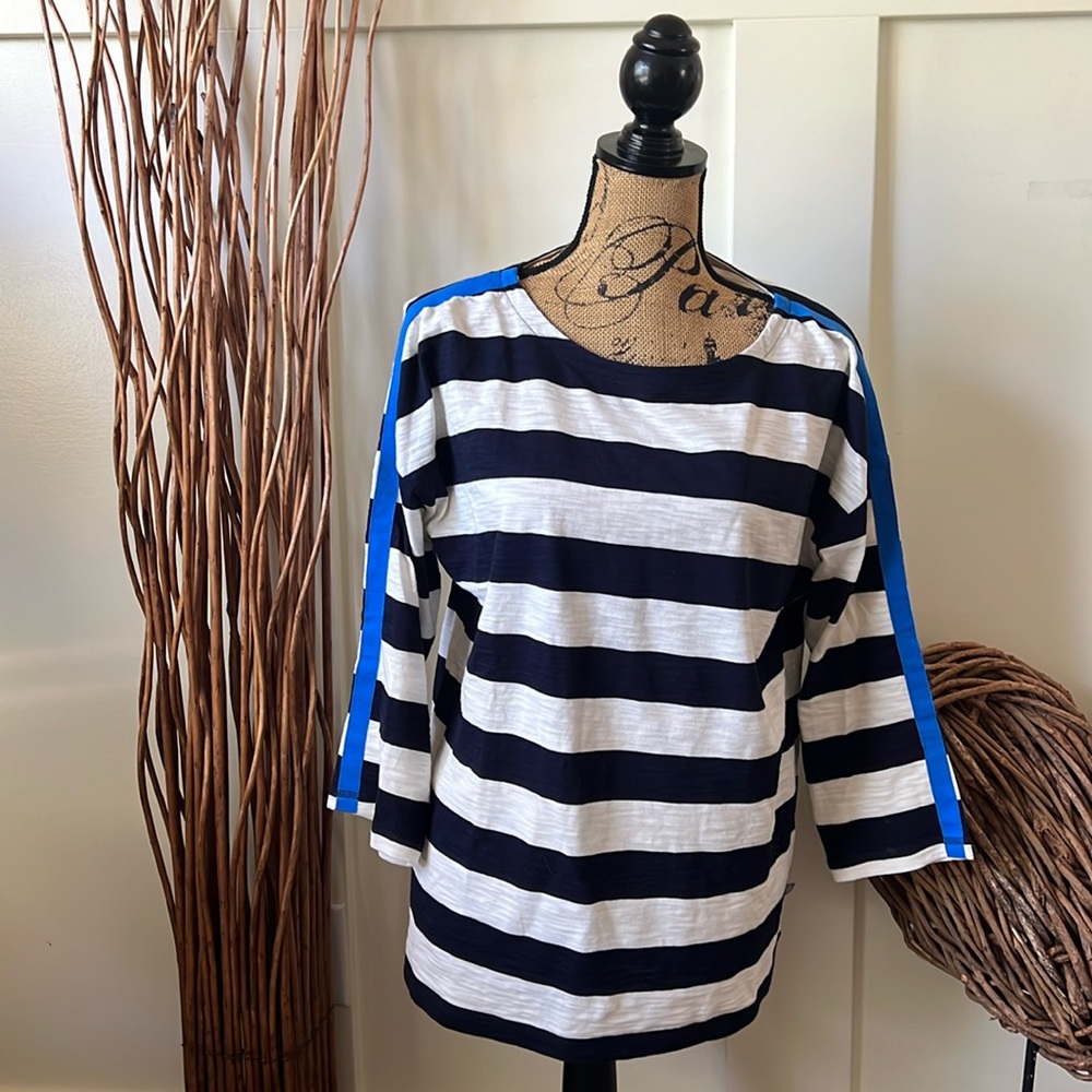 Talbots Navy & Cream Striped 3/4 Length Sleeve W/Blue Stripe